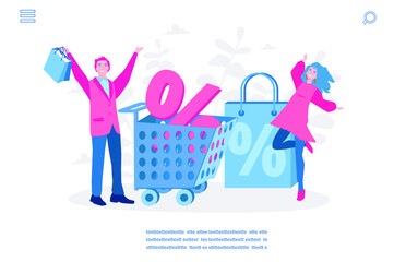 Happy people with Shopping basket and Shopping Bags, discount, Online Shopping, Big sale %, Vector illustration for web banner, infographics, mobile. 