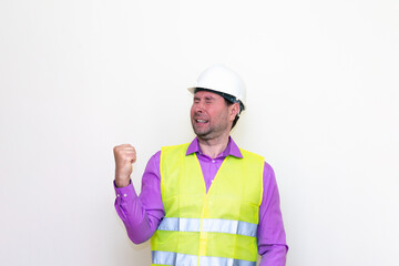 Thankful engineer celebrating, on a white background.