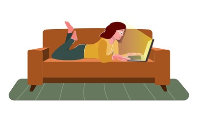 Freelance or studying concept. Remote work. Woman works sitting at home. Girl with computer lies on the couch. Cartoon flat vector illustration.