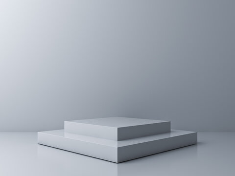 Blank Square Podium Stage Isolated On Gray Background With Shadows 3D Rendering