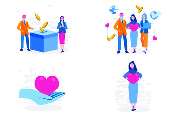 Donation and volunteers work concept. Vector illustration set, for web banner, infographics, mobile. 