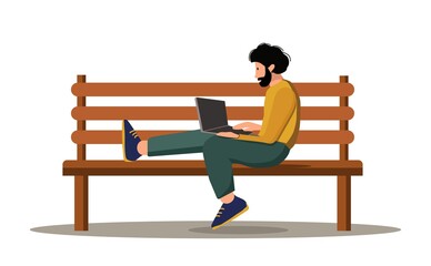 Freelance, remote work, business concept. Man using laptop computer on street bench, mock up screen.. Vector flat cartoon illustration.