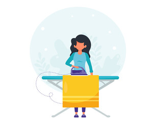 Woman ironing clothes. House cleaning concept. Woman doing house cleaning. Vector illustration in a flat style.