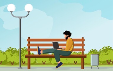 Freelance, remote work, business concept. Man using laptop computer on street bench, mock up screen. Vector flat cartoon illustration