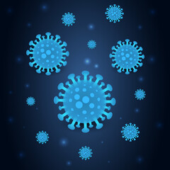 Covid-19 coronavirus infection, dark blue medical background. Dark vector background corona virus cell 2019-ncov. Covid-19 pandemic medical banner. Abstract vector illustration.