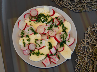 mixed healthy salad with mozzarella cheese and
radish prepared to eat on a plate