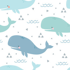 Whale Seamless Pattern, Cute Cartoon Background with Blue Wave