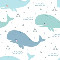 Fototapete Wal Wal-nahtloses Muster, niedlicher Karikatur-Hintergrund mit blauer Welle