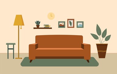Cozy living room interior with furniture, shelves with books and home flowers, floor lamp. Flat cartoon vector illustration.