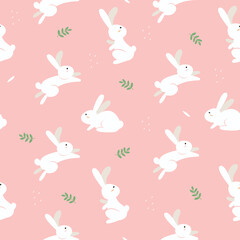 Cute hand drawn bunny rabbit seamless pattern with flowers, beautiful background, great for Easter Cards, banner, textiles, wallpapers, background, etc