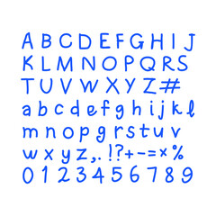 Alphabet with numbers and punctuation - ballpoint pen, blue ink. English hand written alphabet, vector illustration.