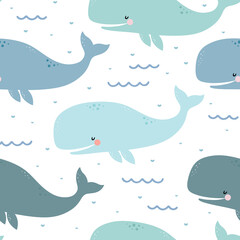 Whale Seamless Pattern, Cute Cartoon Background with Blue Wave