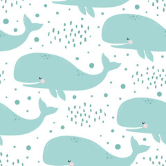 Whale Seamless Pattern, Cute Cartoon Background with Blue Wave
