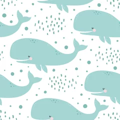 Wall murals Whale Whale Seamless Pattern, Cute Cartoon Background with Blue Wave
