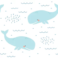 Wall murals Whale Whale Seamless Pattern, Cute Cartoon Background with Blue Wave