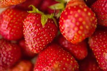 Strawberry. Macro closeup of fresh red and ripe strawberries. Fruit background. Freshly harvested strawberries. Vegetarian vegan organic berries macro. Selective focus
