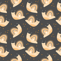 Hand drawn vector decorative pattern of cute snail. Children vector clothing print. Design for posters, cards, prints, background. Elements for kids room.
