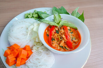 traditional real Thai culture Green curry paste cuisine or kaeng khiao wan with crabs pork meat beef balls box set famous street fast foods menu at thailand