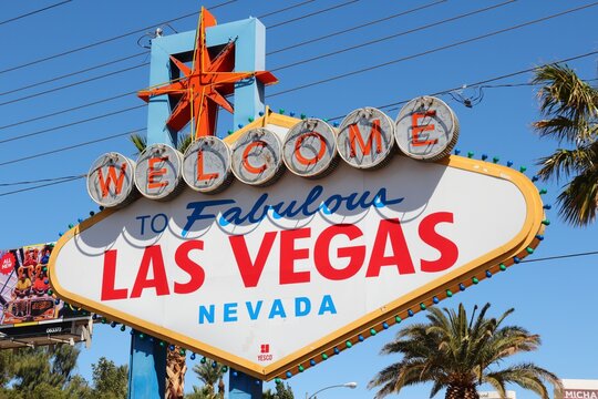 LAS VEGAS, USA - APRIL 14, 2014: Welcome to Fabulous Las Vegas Nevada, the famous sign in Las Vegas. The sign is on National Register of Historic Places.
