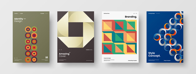 Fototapeta premium Company identity brochure template collection. Business presentation vector A4 vertical orientation front page mock up set. Corporate report cover abstract geometric illustration design layout bundle.
