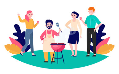 Happy friends enjoying barbecue party. Man in apron with spatula grilling meat outdoors flat vector illustration. Leisure, summer, food concept for banner, website design or landing web page