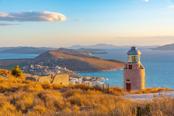 Ragged coastline of Sarande viewed behind a lighthouse, Albania