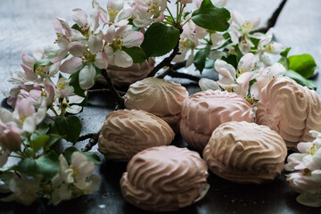 Delicious pink and white marshmallows on the table along with a blossoming branch of apple tree. Sweets.