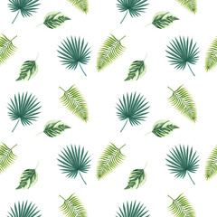 Seamless tropical leaves pattern on the white background. Hand drawn digital illustration of tropical leaves pattern. Palm leaves background.