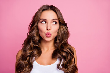 Closeup photo of pretty funny curly lady crazy facial expression sending air kisses look interested...