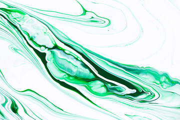 Fluid art texture. Abstract backdrop with mixing paint effect. Liquid acrylic picture with beautiful mixed paints. Can be used for interior poster. Emerald and white overflowing colors.