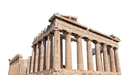 Het Parthenon (Athene, Griekenland) geïsoleerd op een witte achtergrond. Het is een tempel op de Atheense Akropolis gewijd aan de godin Athena