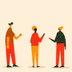 Three business characters in colorful style standing together and talking. People sets. People working together.