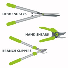 Garden hand tools set of branch clippers, hand shears and hedge cutters.