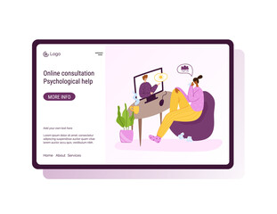 Psychological online services landing page template - distance support at home by internet. Upset girl crying and talking with psychologist, individual helpful therapy session or consultation vector