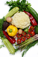 various vegetables isolated on white background. Healthy food concept. Flat lay. fresh vegetables, herbs and spices. Raw eco vegetables.