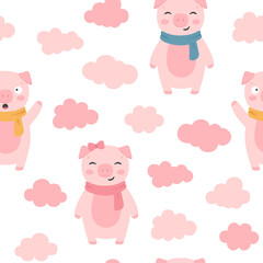 Pig Seamless Pattern Background, Scandinavian Happy cute pig, cartoon pig vector illustration for kids nordic background
