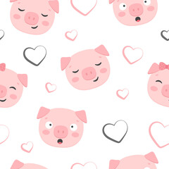 Pig Seamless Pattern Background, Scandinavian Happy cute pig, cartoon pig vector illustration for kids nordic background