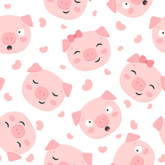 Pig Seamless Pattern Background, Scandinavian Happy cute pig, cartoon pig vector illustration for kids nordic background