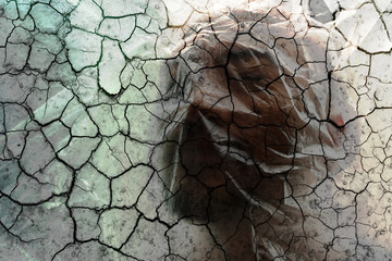 human face cover by plastic with crack drought soil effect in environmental pollution or psychology...