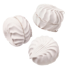 Flying zephyr marshmallows, isolated on white background