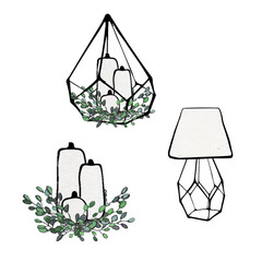 Greenery . Collection of high-quality hand-drawn watercolor illustrations of leaves,  home decor, and interior elements.