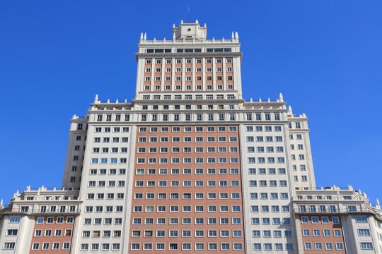 MADRID, SPAIN - OCTOBER 23, 2012: Edificio Espana facade view in Madrid. Edificio Espana is 117m tall and was once the tallest building in Spain.