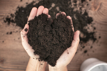 Hands holding and caring flower soil.