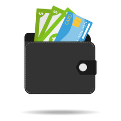 Wallet with money and a credit card. Black men's wallet with money Isolated on a white background with shadow. Male wallet icon. Vector illustration.