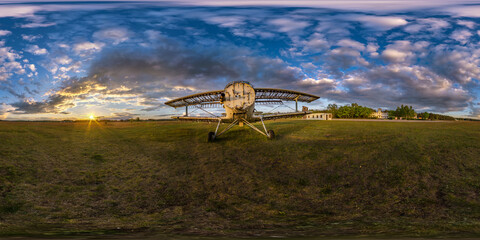 full seamless spherical hdri panorama 360 degrees angle view among fields near old airplane in...