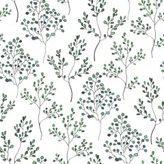 Greenery is a collection of high-quality hand-drawn watercolor patterns with leaves, plants boxwood in sketch and doodle style on white background