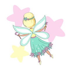 Beautiful fairy with yellow hair backs on a white background. Vector illustration for girls
