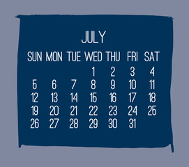 July year 2020 monthly brush stroke frame calendar