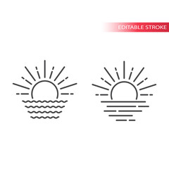Sun and sea waves simple thin line vector icon. Editable stroke.
