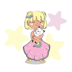 Cute girl in princess dress holds a unicorn kitten in her arms on a white background. Vector illustration for children